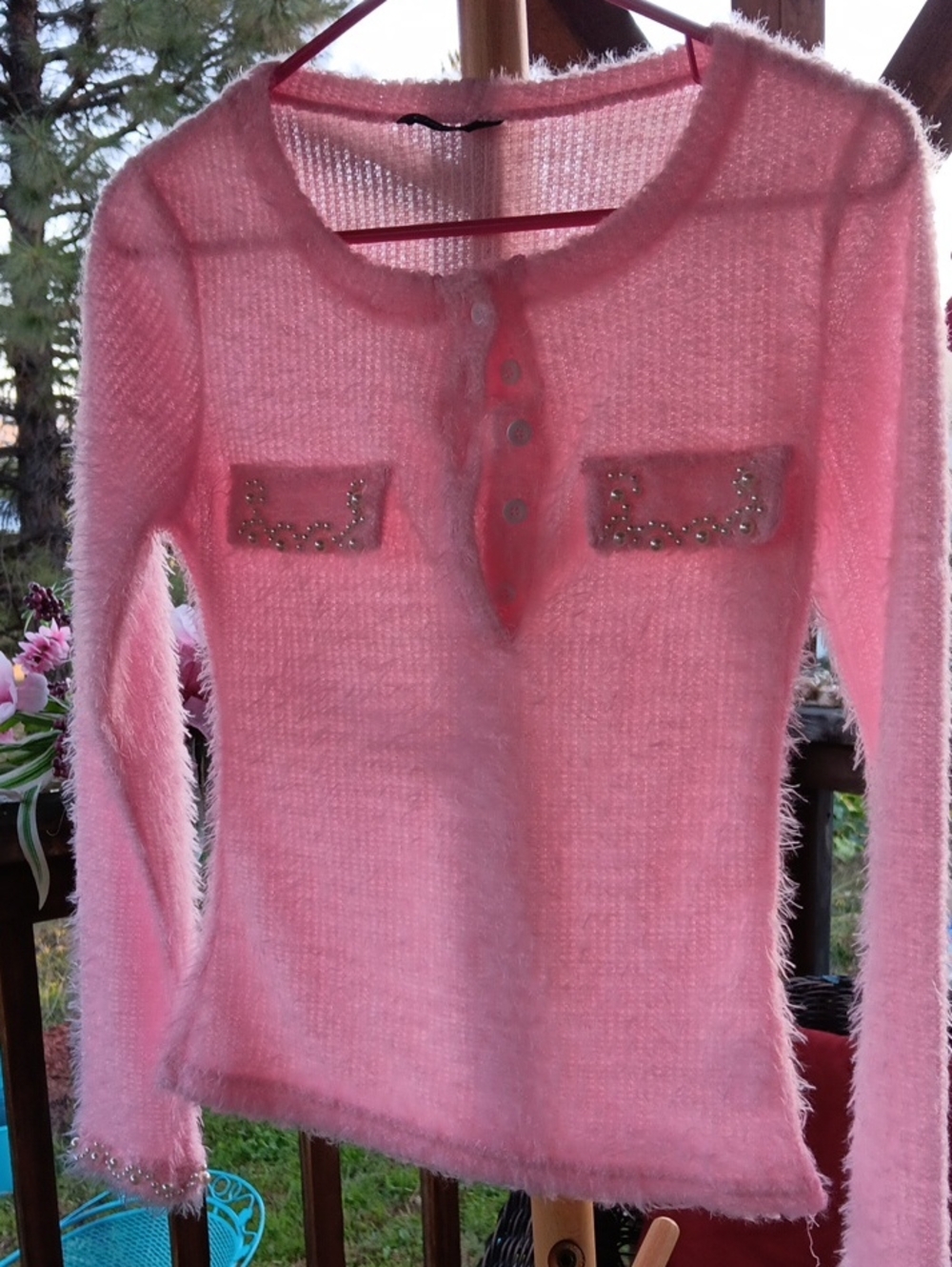 chic Pink Fuzzy Crewneck Sweater with Studded Pocket Flaps